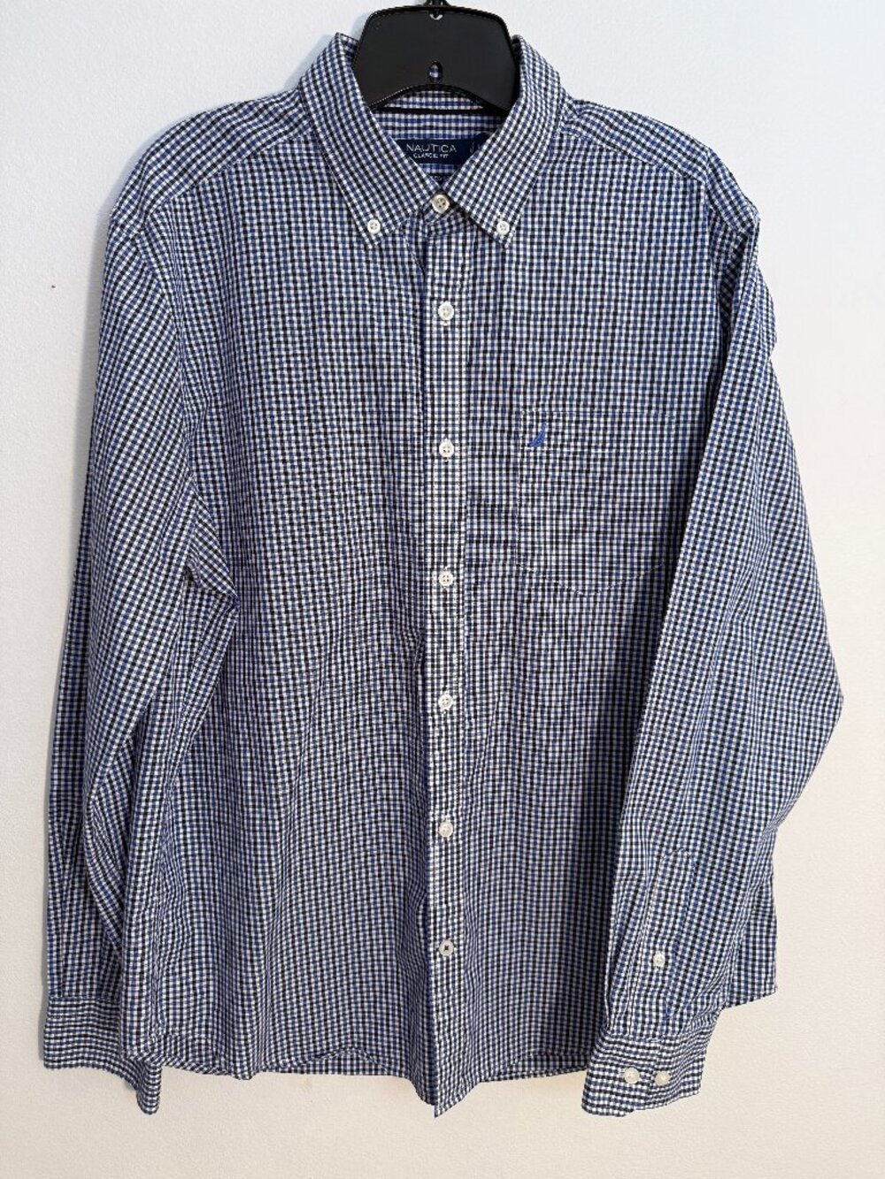 Nautica Shirt Men Large Button Down Long Sleeves Sailboat Logo Pocket Blue Plaid